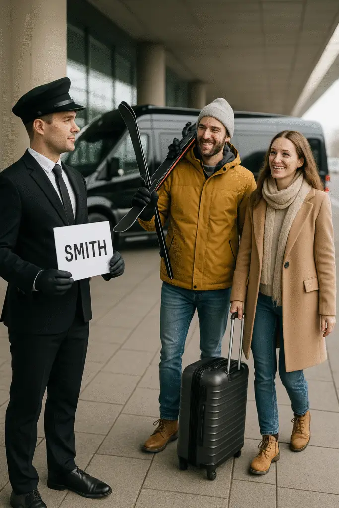 Chauffeur greeting passengers with luggage for a YVR airport to Whistler private transfer.
