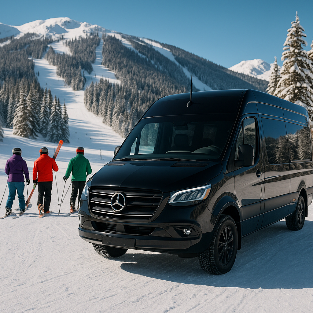 Mercedes-Benz Van in Snowy Ski Resort Mercedes-Benz Van in Snowy Ski Resort